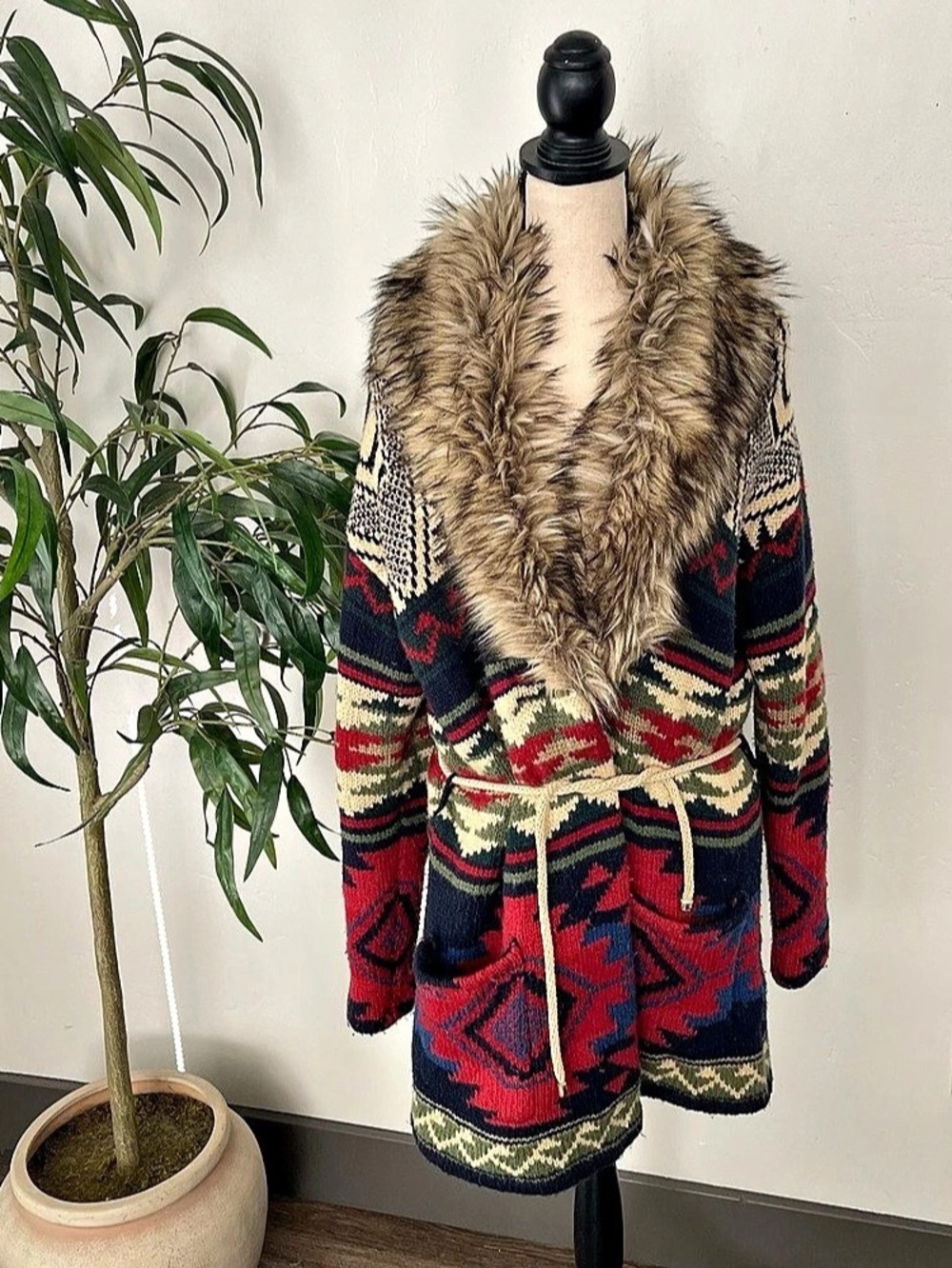 Ralph Lauren Southwestern Wool Alpaca Faux Fur Collar Belted Cardigan Blue Size